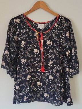 Johnny Was Jade Navy Floral Tie-Neck Women's Top 100% Silk
